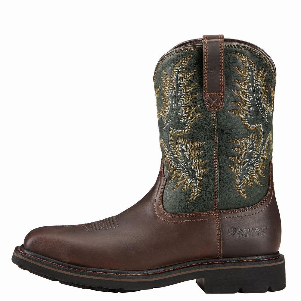 Men's Ariat Sierra Wide Square Toe Steel Toe Work Boots Dark Brown | ONHM-57401