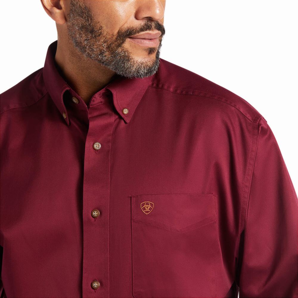 Men's Ariat Solid Twill Classic Fit Shirts Burgundy | CXHB-29756