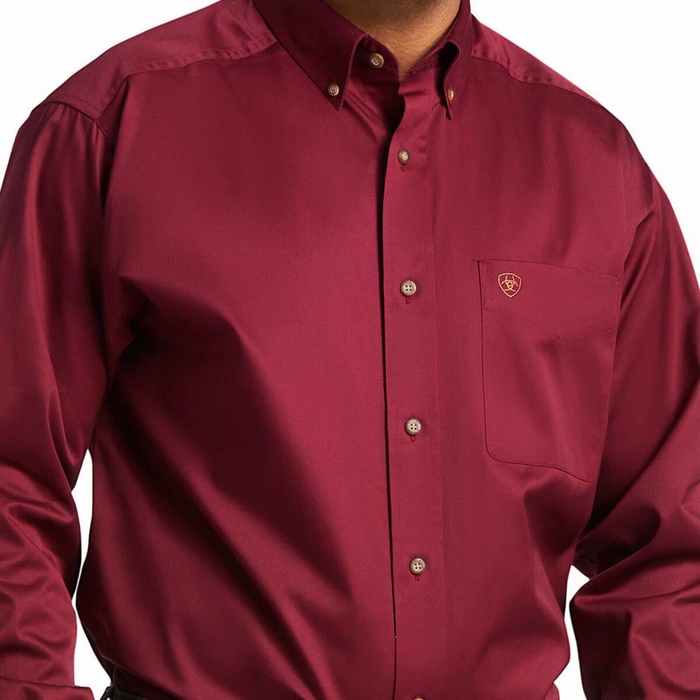 Men's Ariat Solid Twill Classic Fit Shirts Burgundy | CXHB-29756