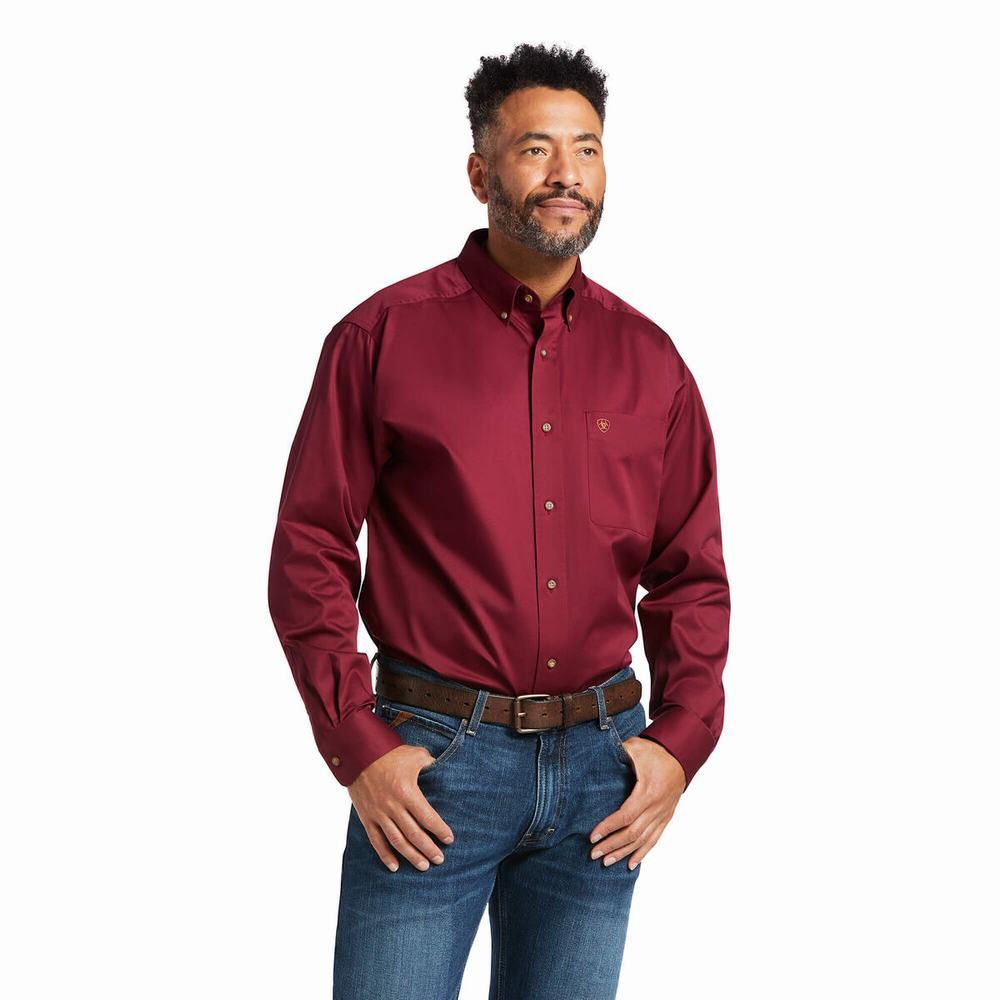 Men\'s Ariat Solid Twill Classic Fit Shirts Burgundy | CXHB-29756