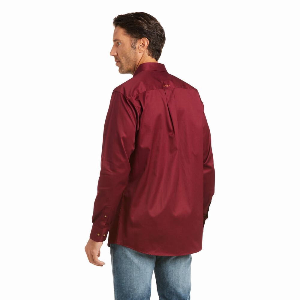 Men's Ariat Solid Twill Fitted Shirts Burgundy | BEJM-07531