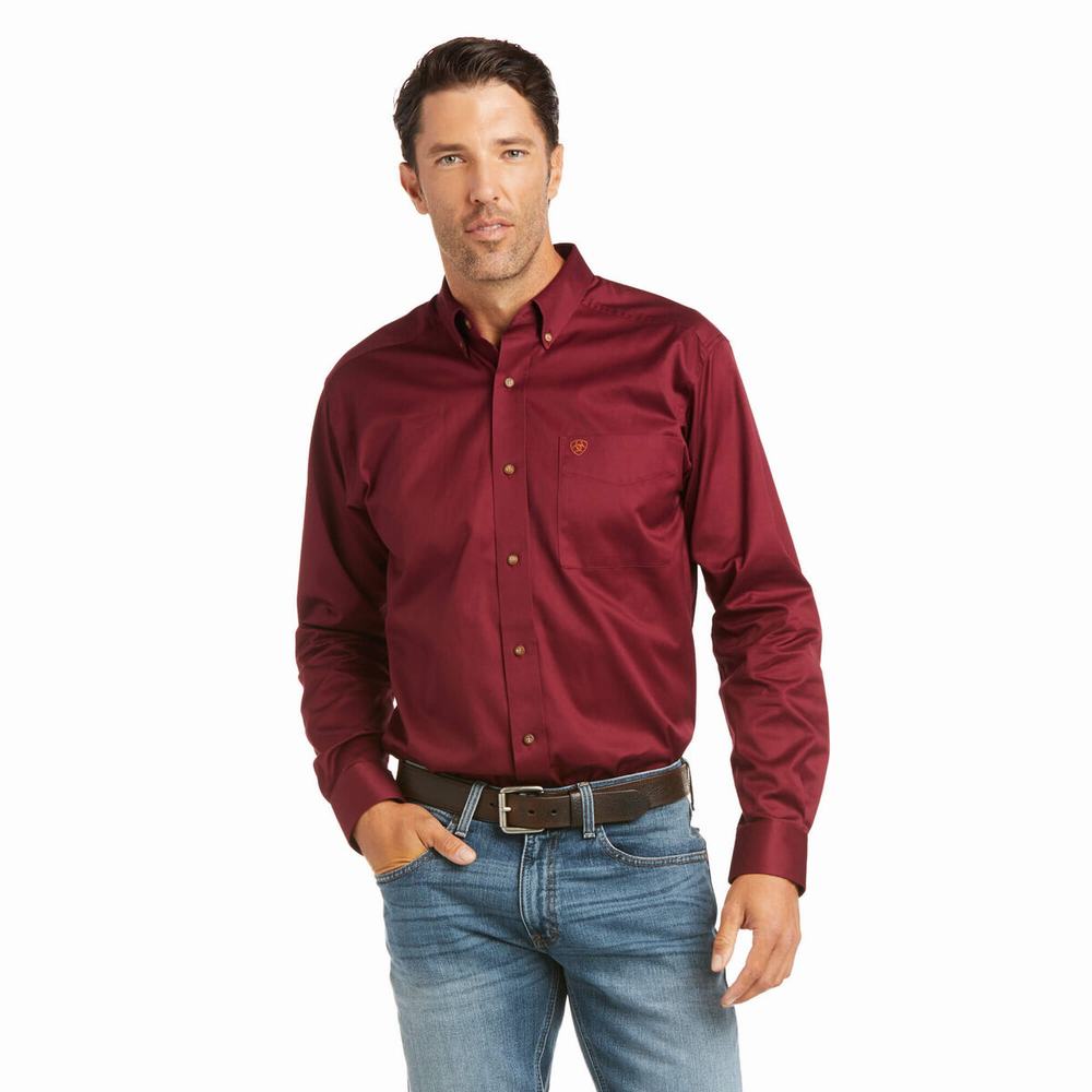 Men\'s Ariat Solid Twill Fitted Shirts Burgundy | BEJM-07531