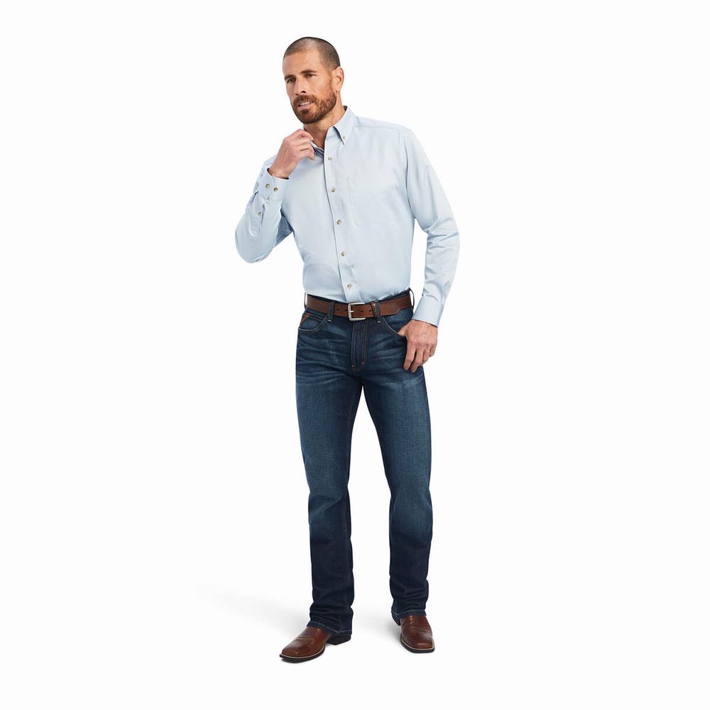 Men's Ariat Solid Twill Shirts Blue | QSFE-02748