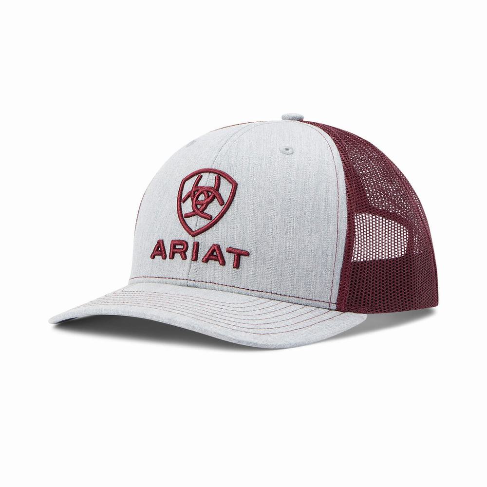 Men\'s Ariat Stacked Logo Hats Grey / Burgundy | ETCR-38627