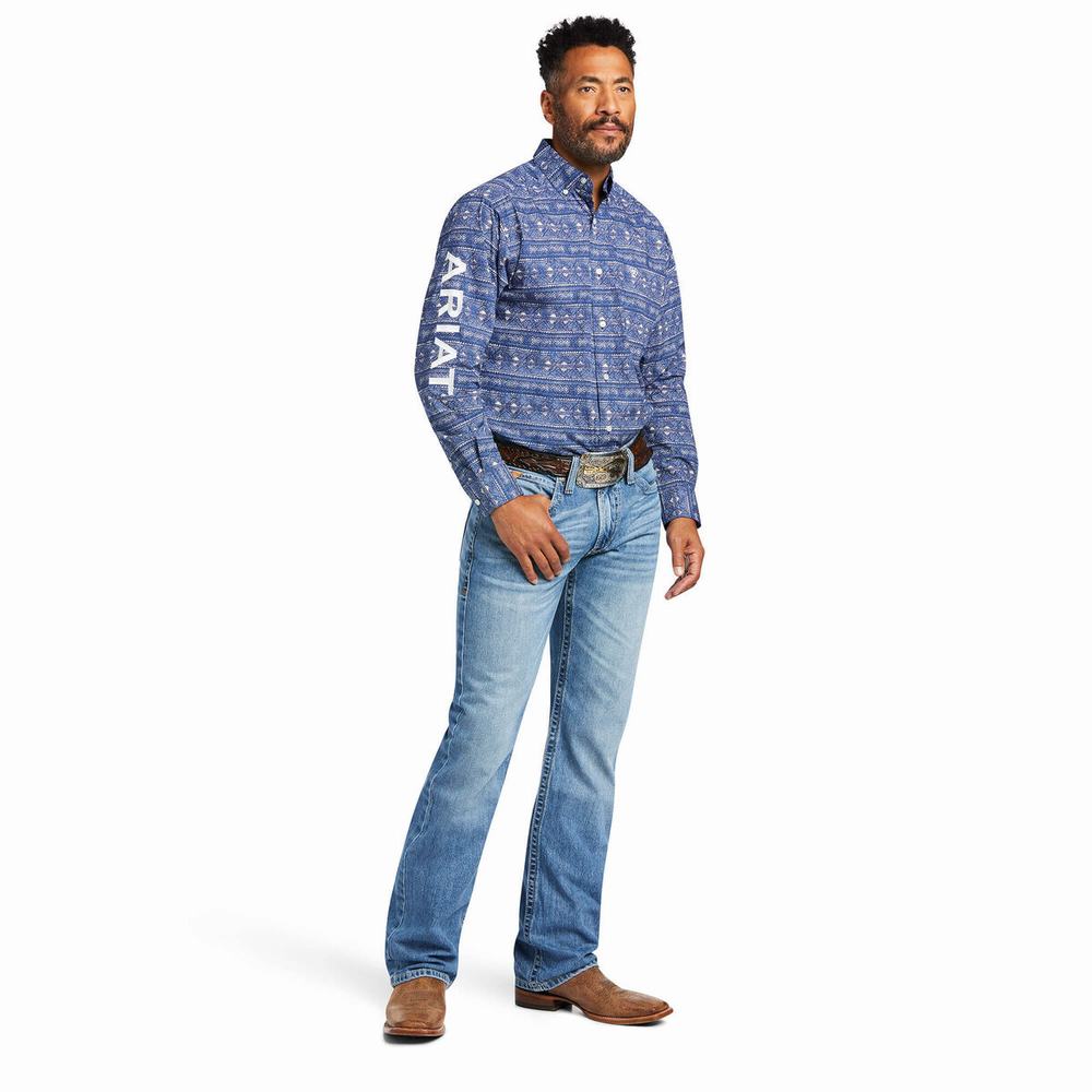 Men's Ariat Team Justin Classic Fit Shirts Blue | FEGN-97462