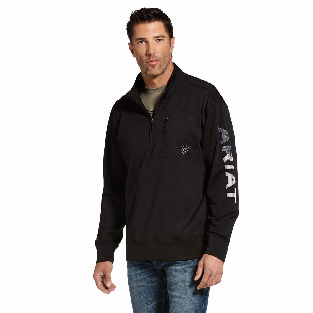 Men\'s Ariat Team Logo 1/4 Zip Hoodie Black | PJSU-63974