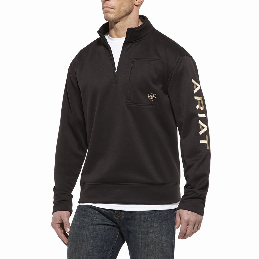 Men\'s Ariat Team Logo 1/4 Zip Hoodie Black | TDVI-64207