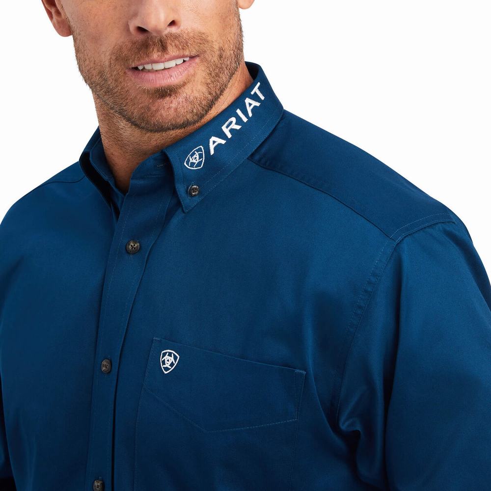 Men's Ariat Team Logo Twill Classic Fit Shirts Navy | NQBP-50621