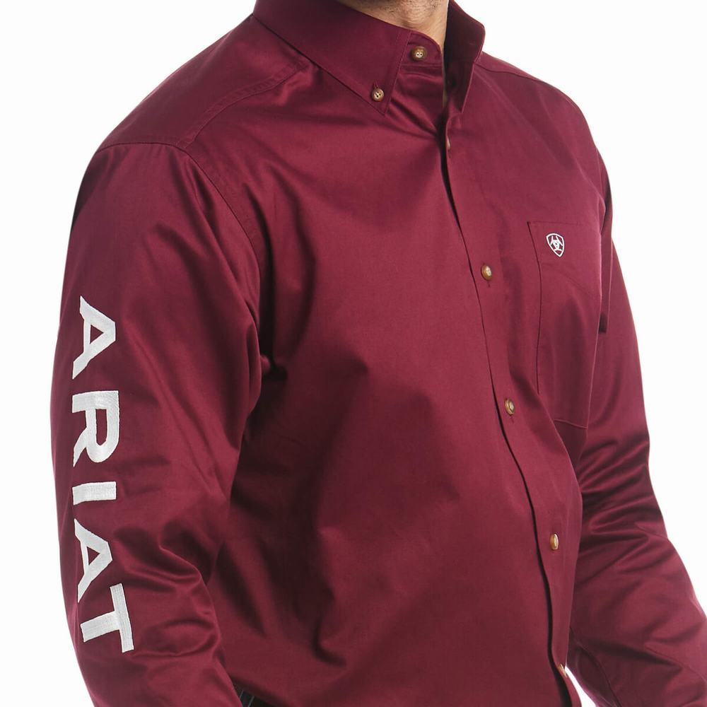 Men's Ariat Team Logo Twill Classic Fit Shirts Burgundy | UXQH-09541