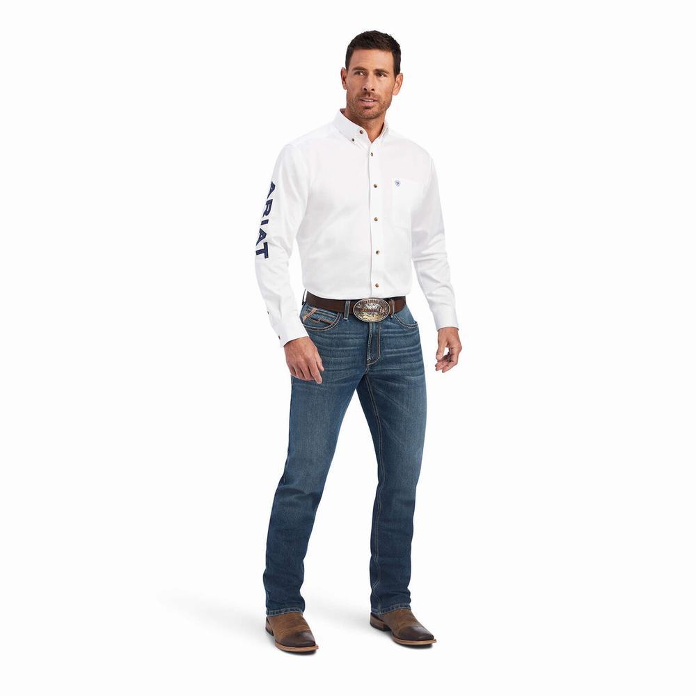 Men's Ariat Team Logo Twill Classic Fit Shirts White / Blue | VEMQ-69041