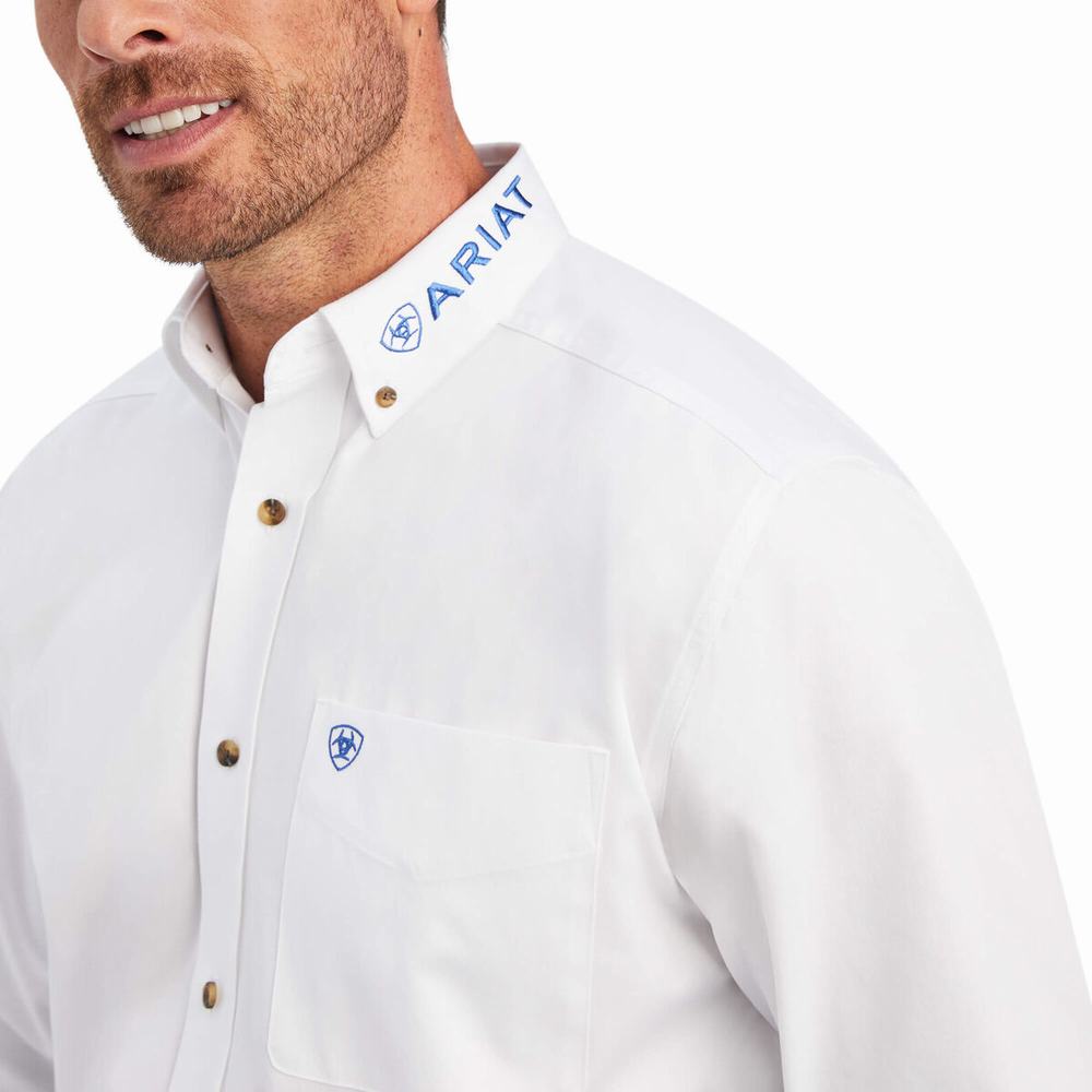 Men's Ariat Team Logo Twill Classic Fit Shirts White / Blue | VEMQ-69041