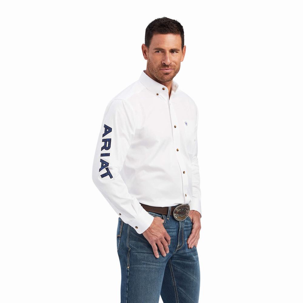 Men\'s Ariat Team Logo Twill Classic Fit Shirts White / Blue | VEMQ-69041