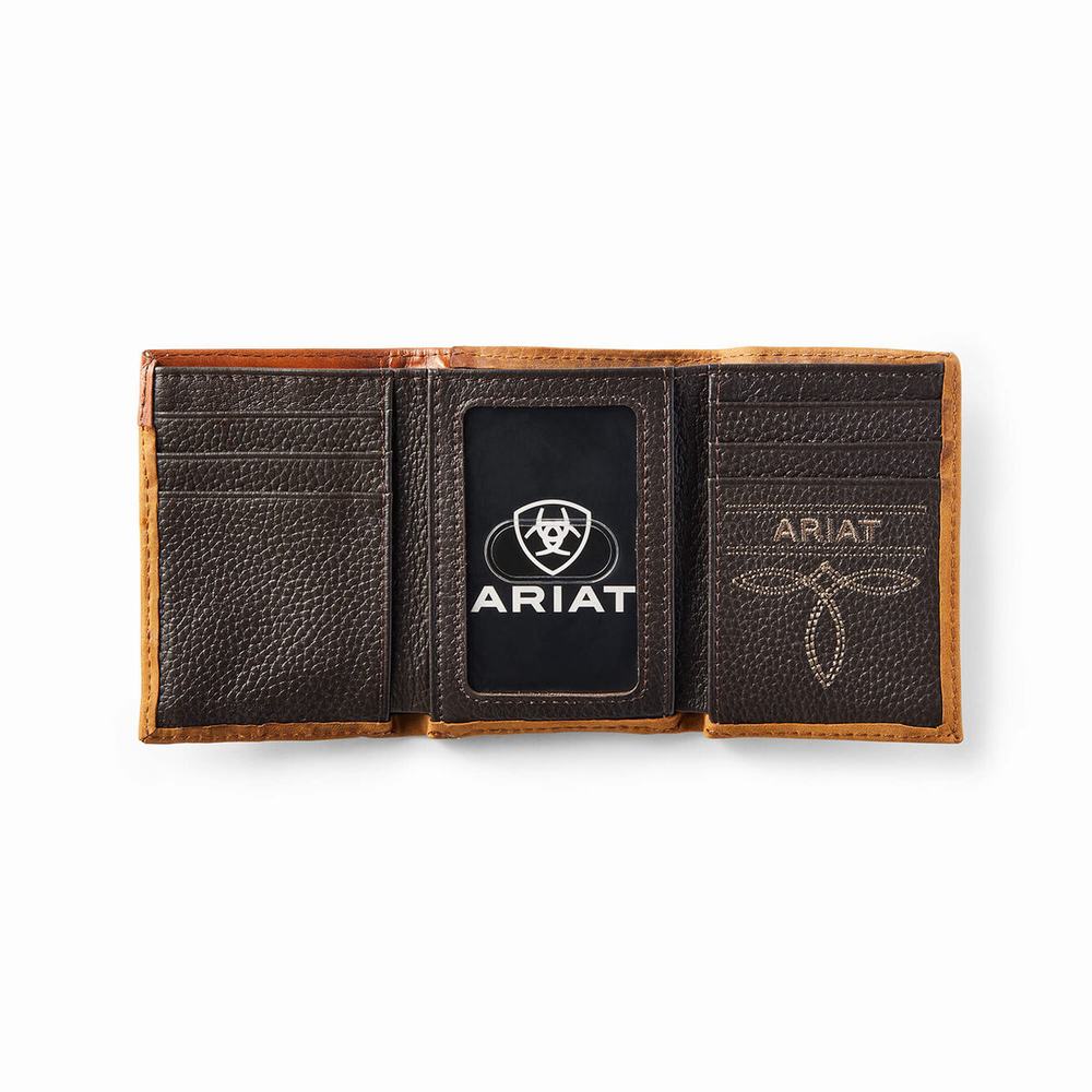 Men's Ariat Trifold Floral Embroidery Run Stitch Wallets Brown | EPTQ-23675