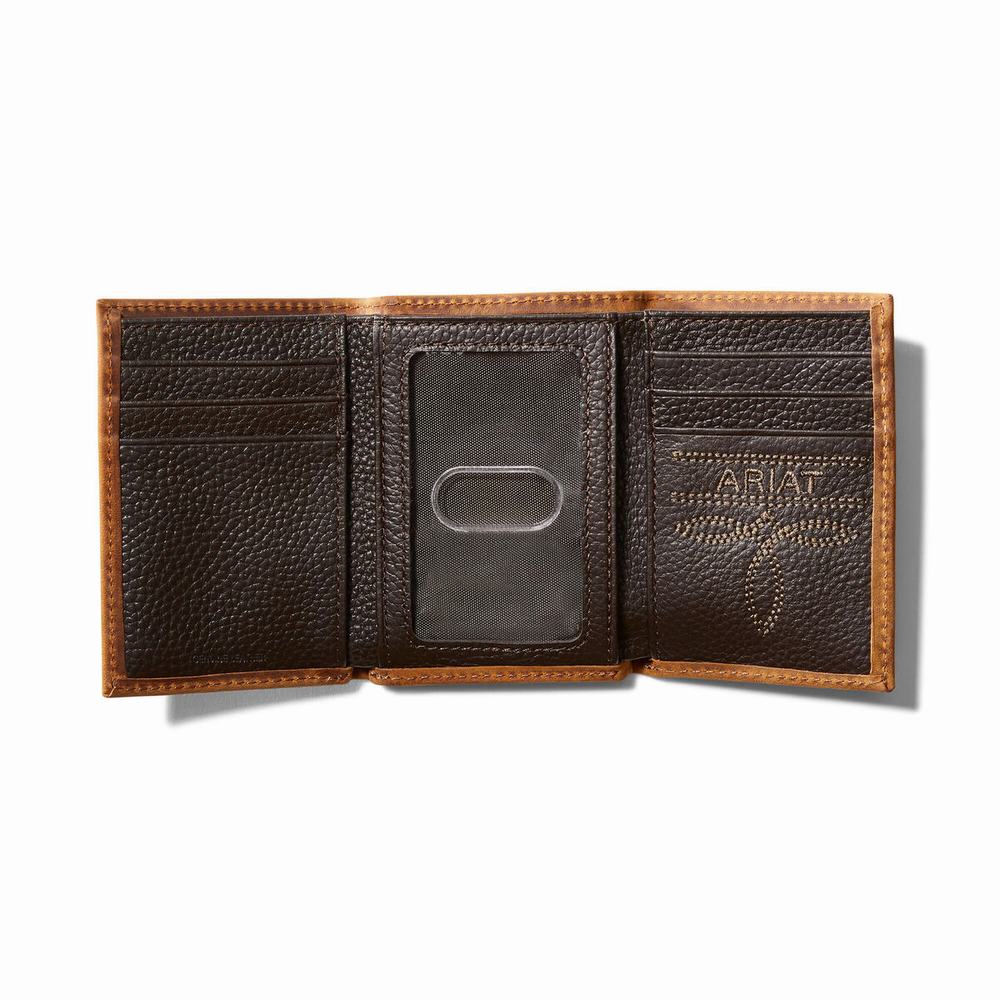 Men's Ariat Trifold Large Logo Wallets Brown | HIAF-39064