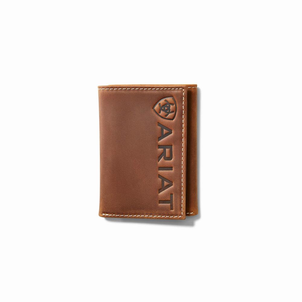 Men\'s Ariat Trifold Large Logo Wallets Brown | HIAF-39064