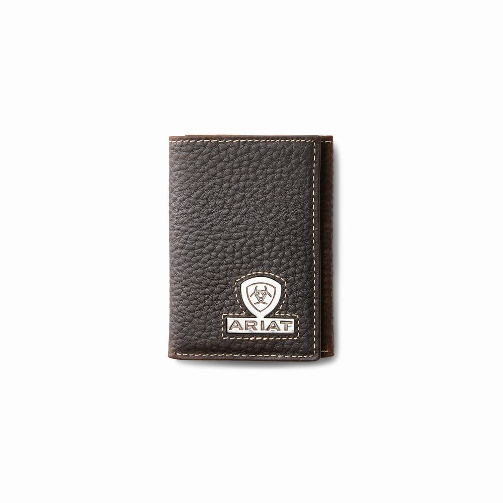 Men\'s Ariat Trifold Stacked Logo Wallets Brown | GLCV-98651