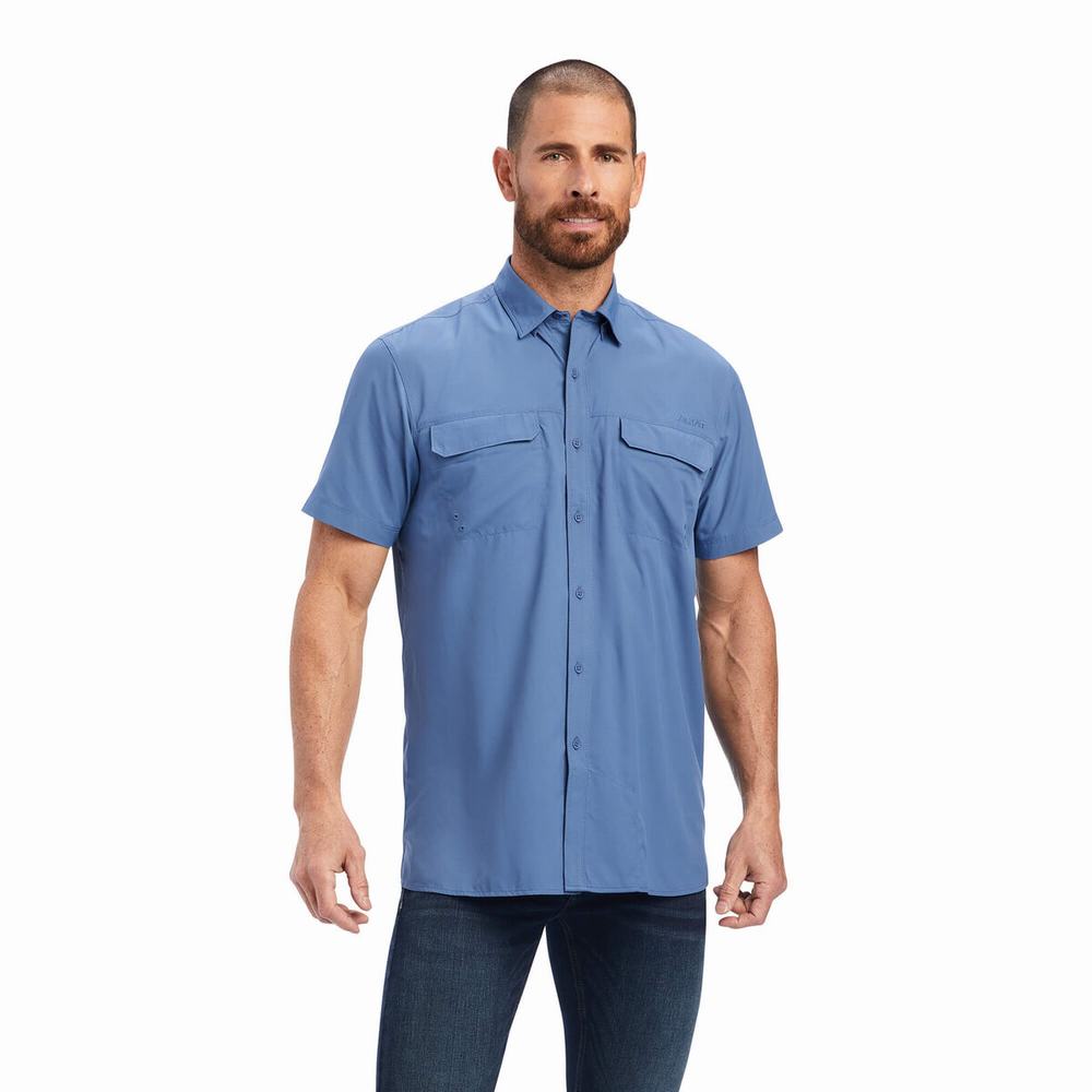 Men\'s Ariat VentTEK Outbound Fitted Shirts Blue | IPND-48036