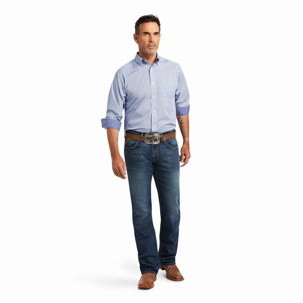 Men's Ariat Wrinkle Free Caysen Classic Fit Shirts Blue | FZOA-10625