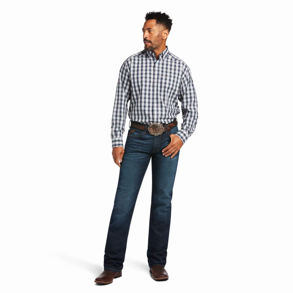 Men's Ariat Wrinkle Free Dereck Classic Fit Shirts Blue | UPZN-62798