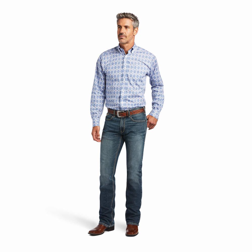 Men's Ariat Wrinkle Free Eliot Fitted Shirts Blue | NZEW-51297