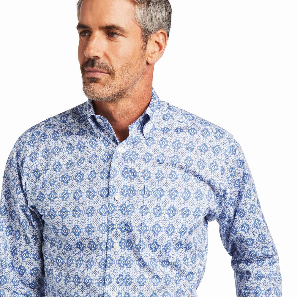 Men's Ariat Wrinkle Free Eliot Fitted Shirts Blue | NZEW-51297