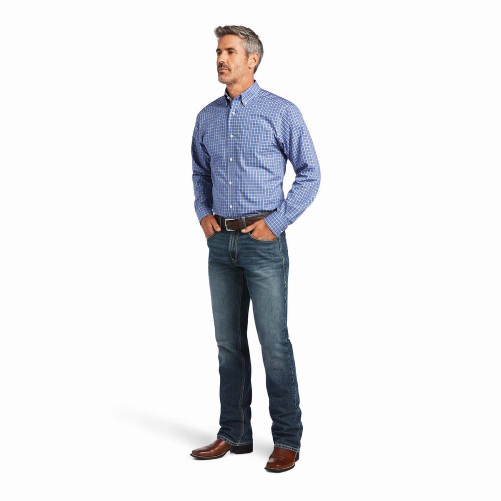 Men's Ariat Wrinkle Free Ezrah Fitted Shirts Blue | QIZM-25461