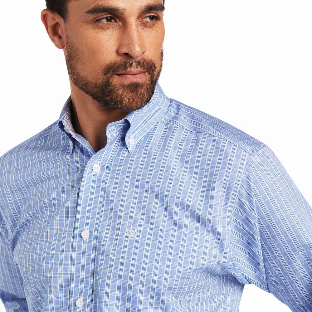 Men's Ariat Wrinkle Free Noah Fitted Shirts Blue | BSQI-29687