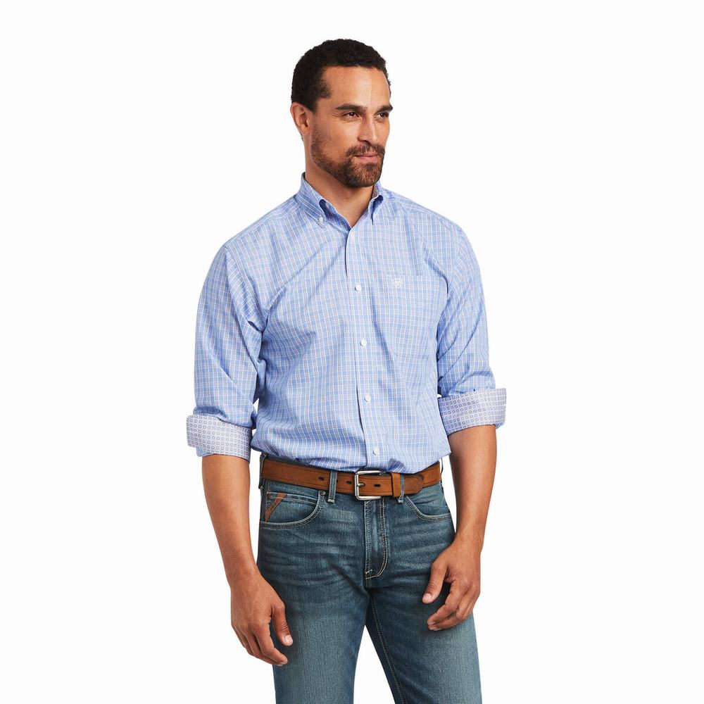 Men\'s Ariat Wrinkle Free Noah Fitted Shirts Blue | BSQI-29687