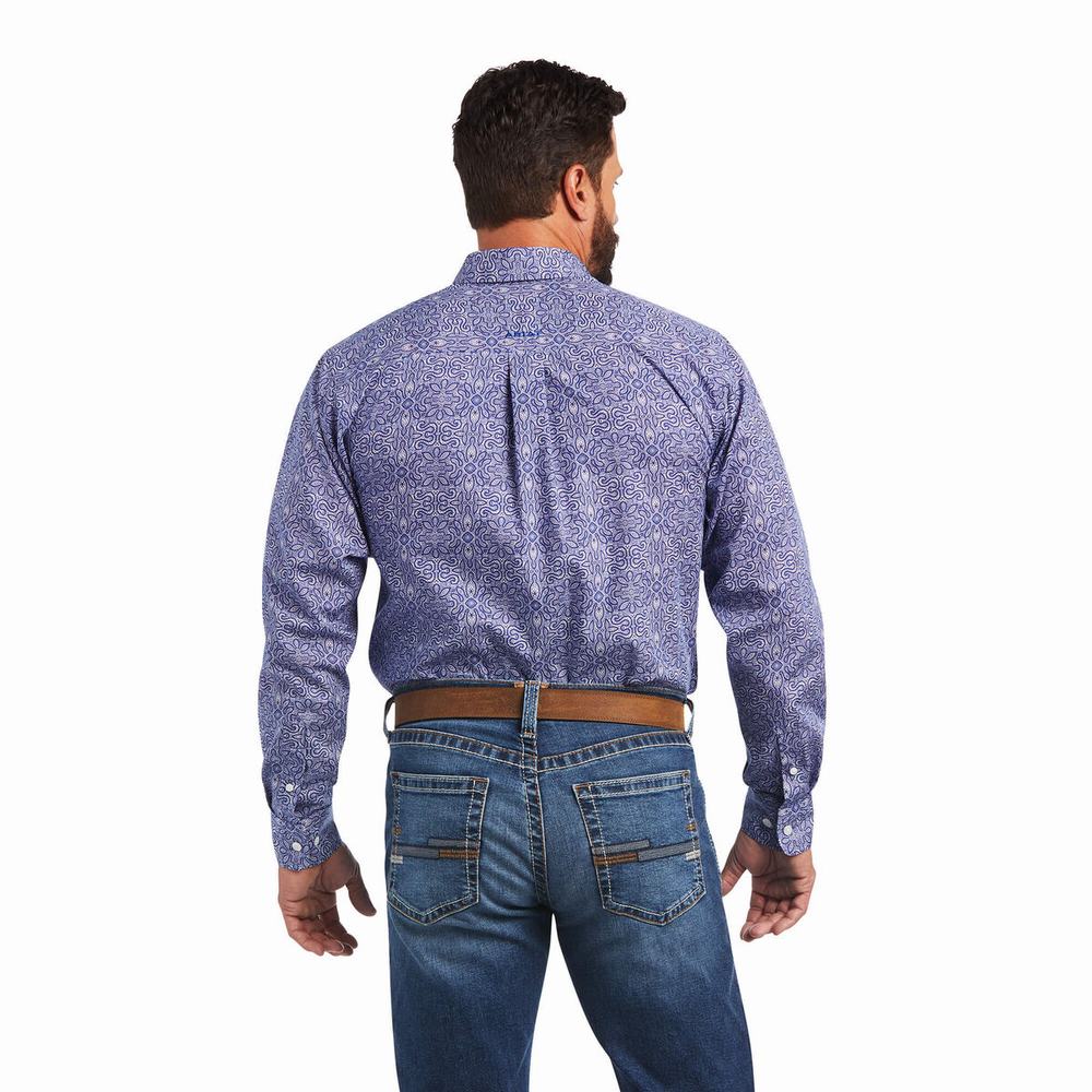 Men's Ariat Wrinkle Free Slater Fitted Shirts Blue | WXUH-18563