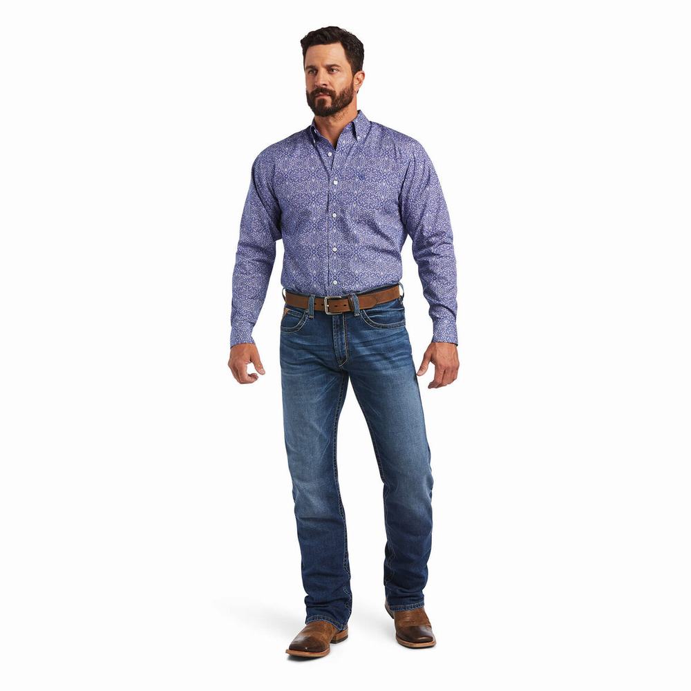 Men's Ariat Wrinkle Free Slater Fitted Shirts Blue | WXUH-18563