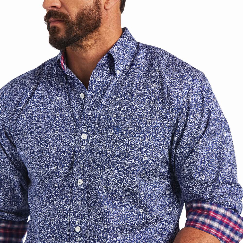 Men's Ariat Wrinkle Free Slater Fitted Shirts Blue | WXUH-18563