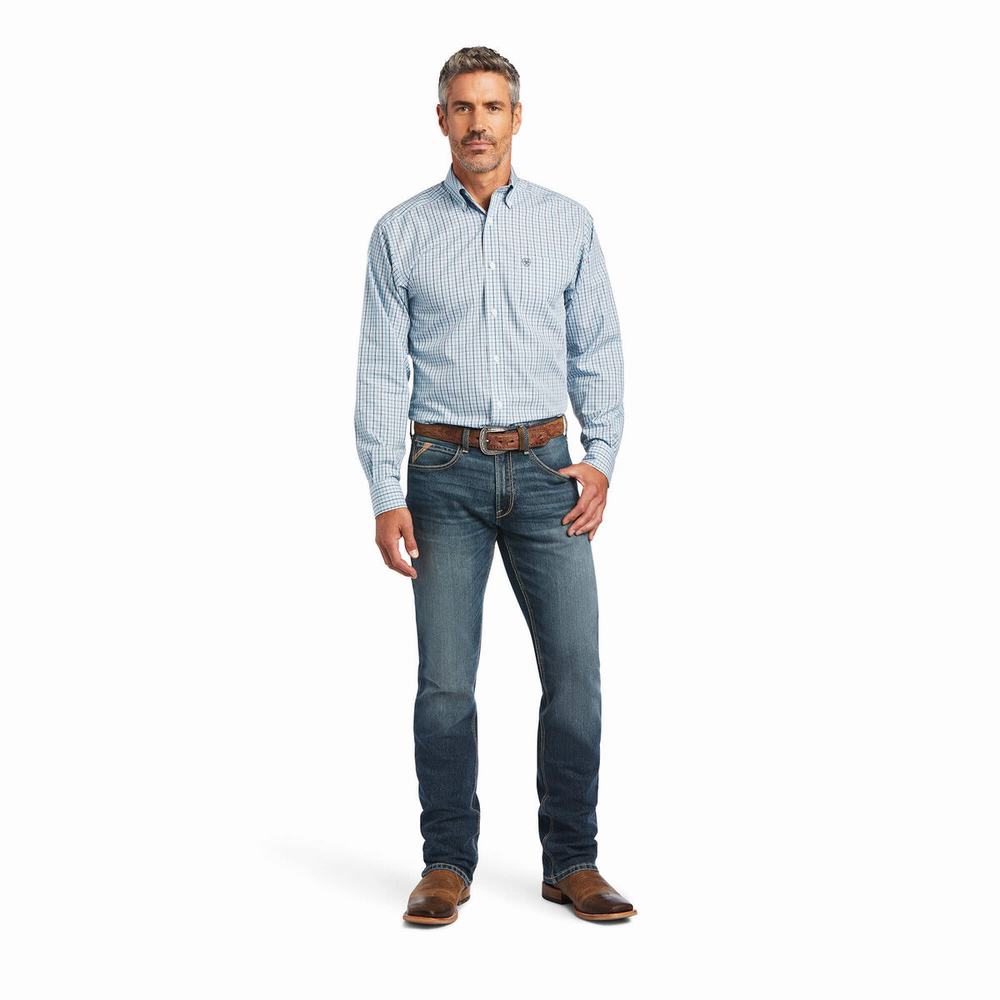 Men's Ariat Wrinkle Free Yair Fitted Shirts Blue | ASZU-94527