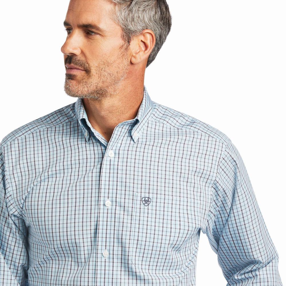 Men's Ariat Wrinkle Free Yair Fitted Shirts Blue | ASZU-94527