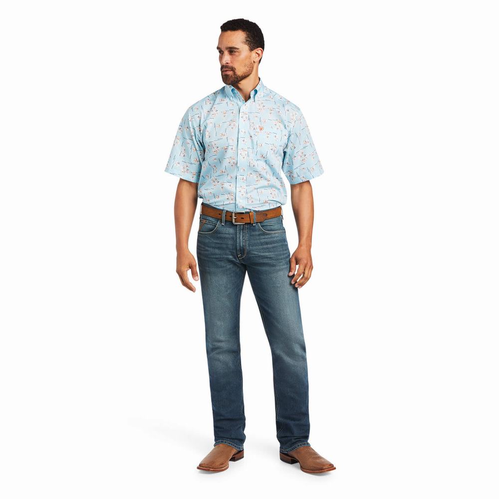 Men's Ariat Wrinkle Free Yariel Classic Fit Shirts Blue | UVZJ-62957