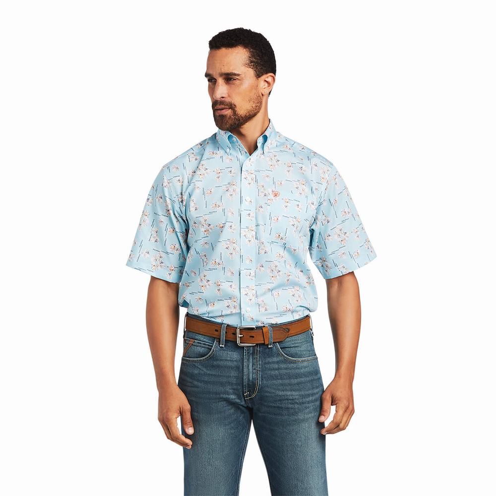 Men\'s Ariat Wrinkle Free Yariel Classic Fit Shirts Blue | UVZJ-62957