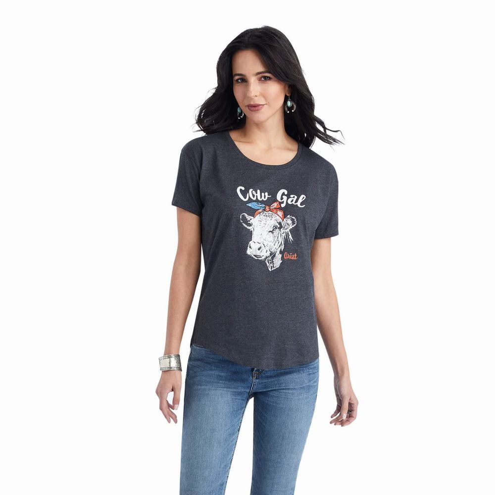 Women\'s Ariat Cow Gal Tops Grey | AUKB-98053