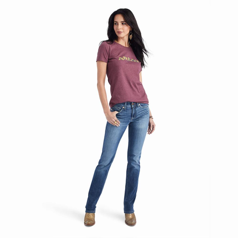 Women's Ariat Floral Letters Tops Burgundy | VILE-84936