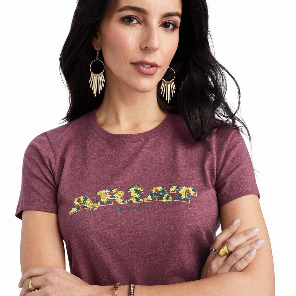 Women's Ariat Floral Letters Tops Burgundy | VILE-84936