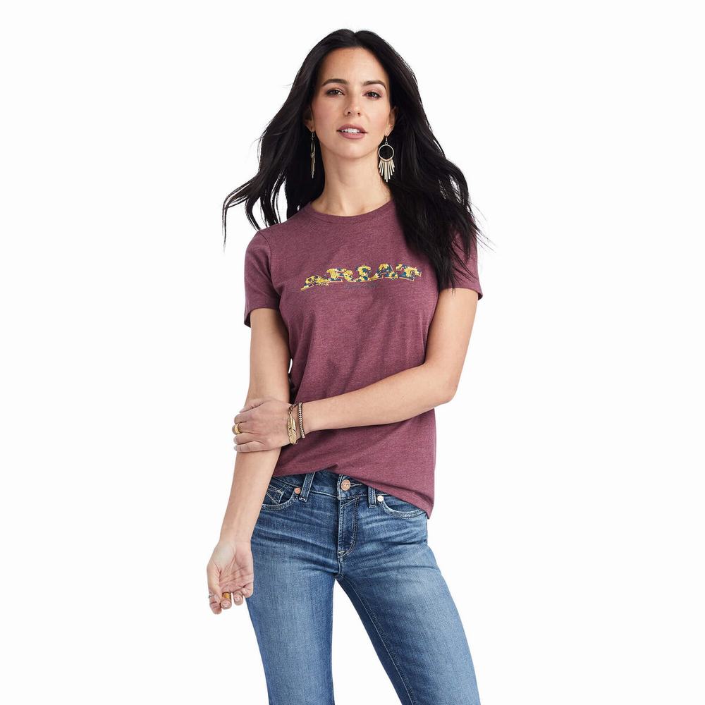 Women\'s Ariat Floral Letters Tops Burgundy | VILE-84936