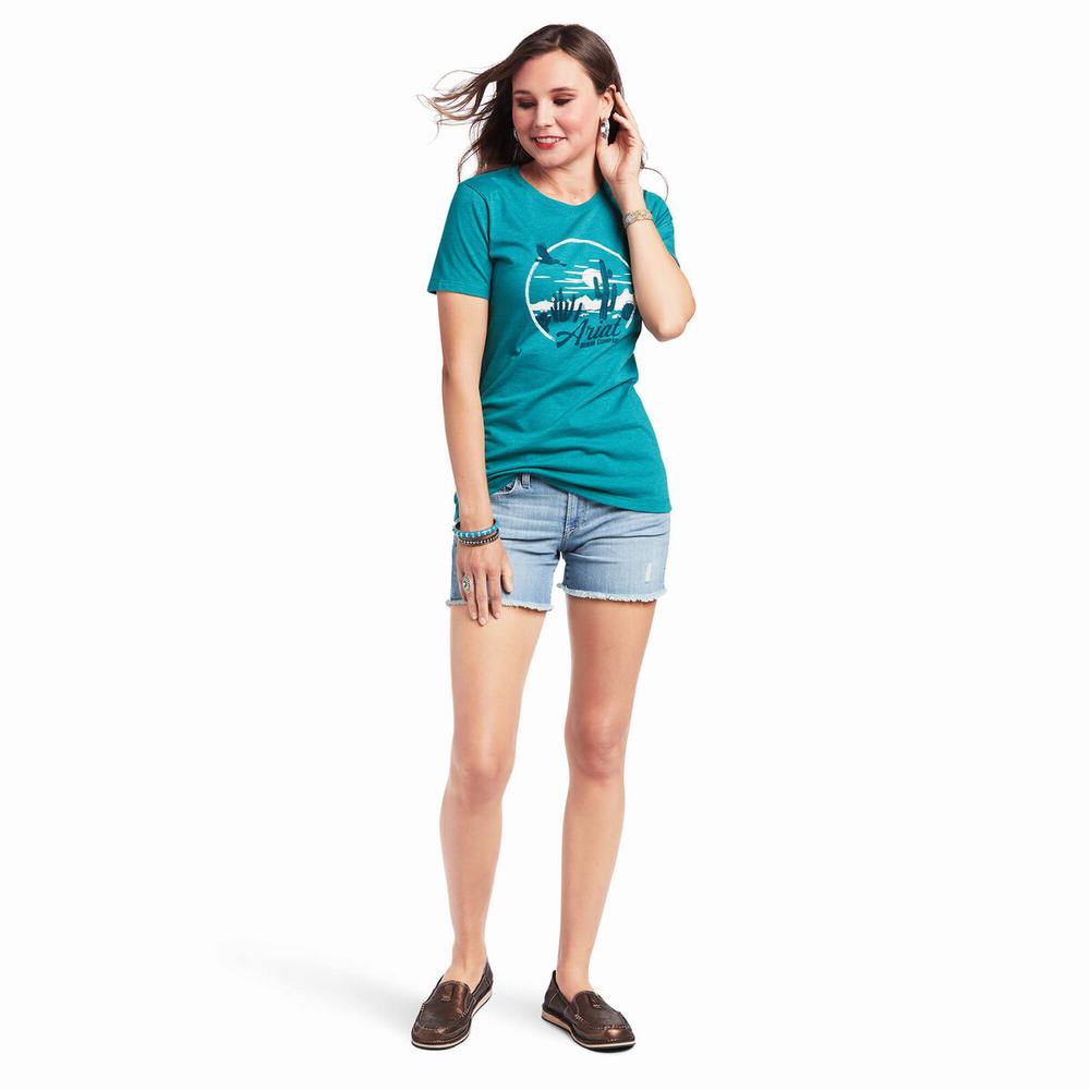 Women's Ariat Opuntia SS Tops Turquoise Green | YTOL-94531