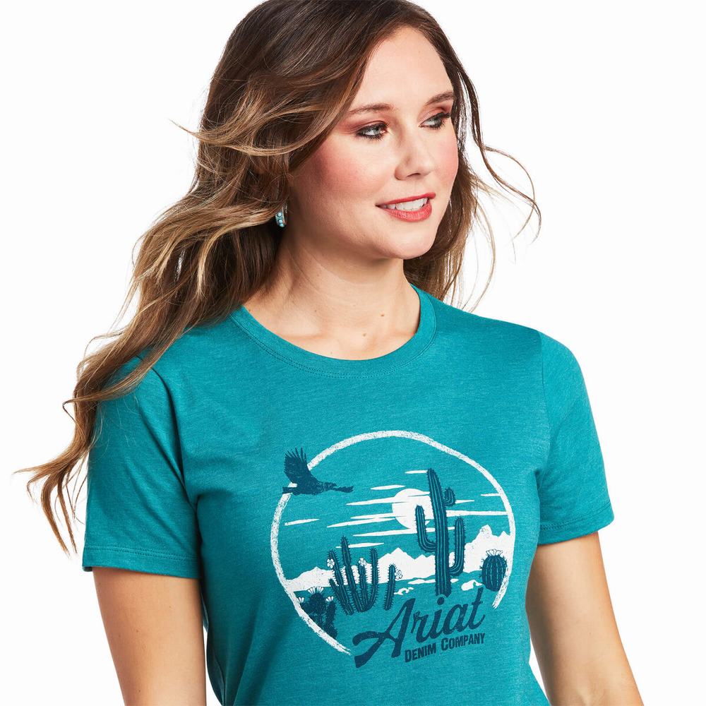 Women's Ariat Opuntia SS Tops Turquoise Green | YTOL-94531