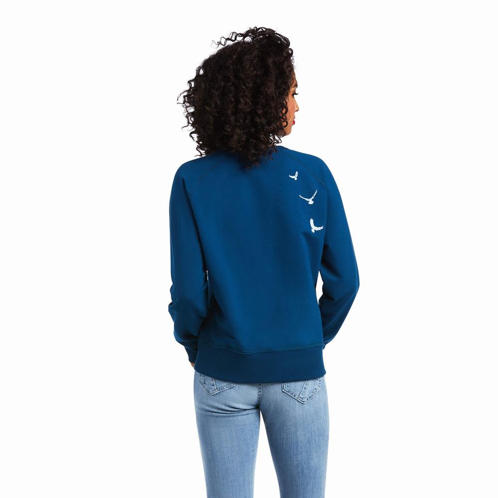 Women's Ariat Paradise Ranch Crew Hoodie Blue | MESR-96108