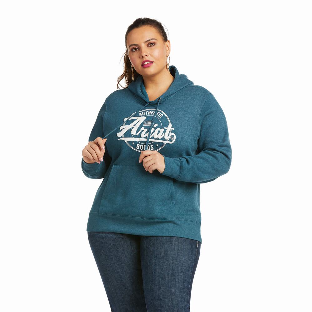 Women's Ariat REAL Arm Logo Hoodie Turquoise | KLEA-63859