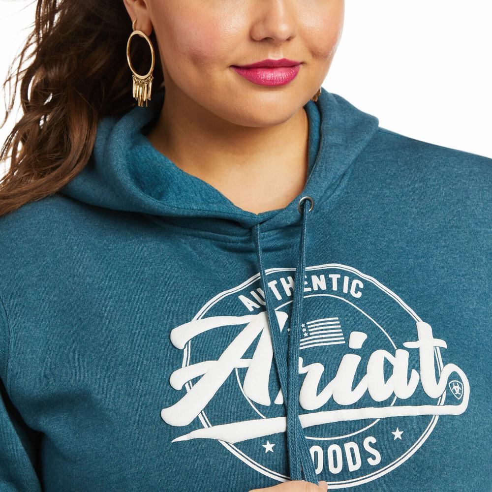 Women's Ariat REAL Arm Logo Hoodie Turquoise | KLEA-63859