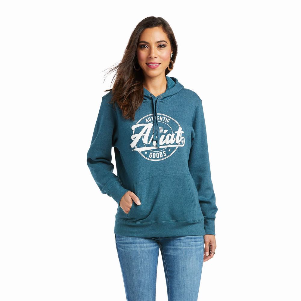 Women\'s Ariat REAL Arm Logo Hoodie Turquoise | KLEA-63859