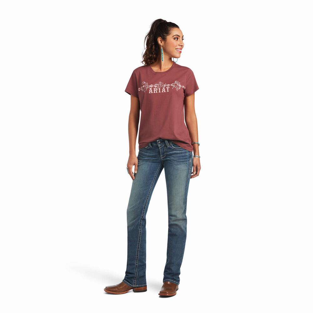 Women's Ariat REAL Bucking Bronc Tops Rose Brown | GVSF-96458