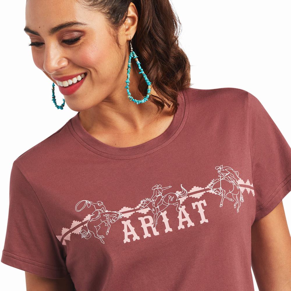 Women's Ariat REAL Bucking Bronc Tops Rose Brown | GVSF-96458