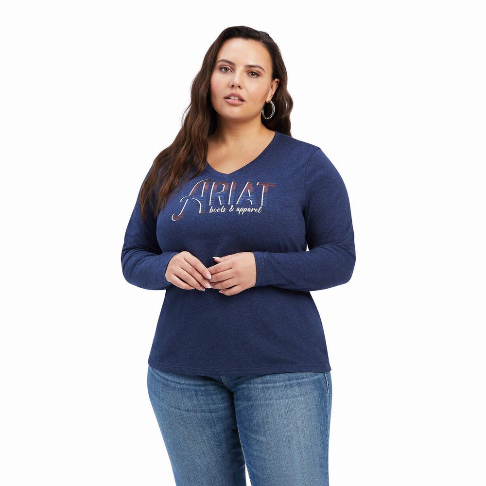 Women's Ariat REAL Chest Logo Relaxed Tops Navy | GPYE-69247