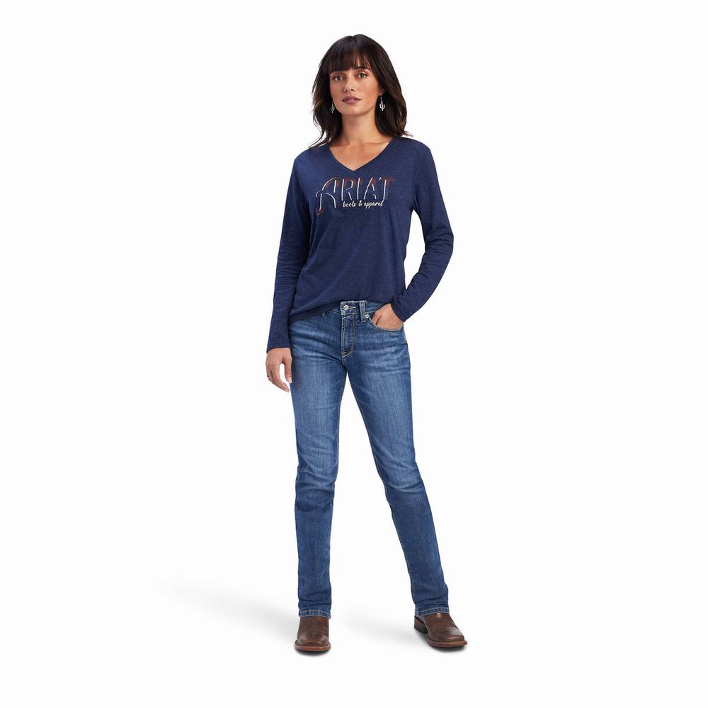 Women's Ariat REAL Chest Logo Relaxed Tops Navy | GPYE-69247