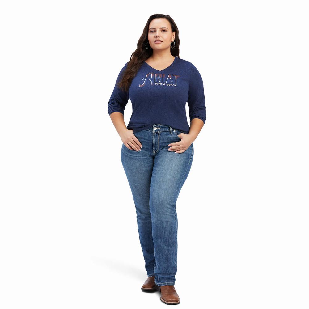 Women's Ariat REAL Chest Logo Relaxed Tops Navy | GPYE-69247